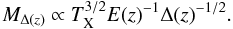 Mathematical equation: \begin{equation} M_{\Delta(z)} \propto T_{\rm X}^{3/2} E(z)^{-1} \Delta(z)^{-1/2}. \end{equation}