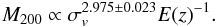 Mathematical equation: \begin{equation} M_{200} \propto \sigma_v^{2.975 \pm 0.023} E(z)^{-1}. \end{equation}