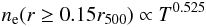 Mathematical equation: \begin{equation} n_{\rm e} (r \ge 0.15 r_{500}) \propto T^{0.525} \end{equation}