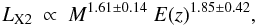 Mathematical equation: \begin{equation} L_{\rm X2}~ \propto~ M^{1.61\pm 0.14}~ E(z)^{1.85\pm 0.42}, \end{equation}