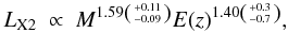 Mathematical equation: \begin{equation} L_{\rm X2}~ \propto~ M^{1.59\left(+0.11 \atop -0.09\right)} E(z)^{1.40\left(+0.3 \atop -0.7\right)}, \end{equation}