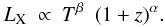 Mathematical equation: \begin{equation} L_{\rm X} ~ \propto~ T^{\beta}~~ (1+z)^{\alpha}. \end{equation}