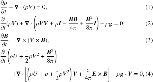 Mathematical equation: \begin{eqnarray} && \frac{\partial\rho}{\partial t} + \vec{\nabla} \cdot(\rho\vec{V})=0, \\ && \frac{\partial}{\partial t} (\rho\vec{V}) + \vec{\nabla}\cdot \left( \rho\vec{V}\vec{V} +p\vec{I} -\frac{\vec{BB}}{4\pi} +\frac{\vec{B}^{2}}{8\pi}\vec{I} \right) -\rho\vec{g}=0, \\ && \frac{\partial\vec{B}} {\partial t} = \vec{\nabla} \times (\vec{V}\times\vec{B}), \\ &&\frac{\partial}{\partial t} \left( \rho U + \frac{1}{2}\rho\vec{V}^{2} + \frac{\vec{B}^{2}}{8\pi} \right) \nonumber \\ &&\qquad +\vec{\nabla}\cdot \left[ \left( \rho U + p + \frac{1}{2}\rho\vec{V}^{2} \right) \vec{V} + \frac{c}{4\pi} \vec{E}\times\vec{B} \right] -\rho\vec{g}\cdot\vec{V} =0, \end{eqnarray}