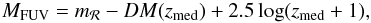 Mathematical equation: \appendix \setcounter{section}{3} \begin{equation} \displaystyle M_{\rm FUV} = m_{\mathcal{R}}-DM(z_{\rm med})+2.5\log(z_{\rm med}+1), \label{shift_steidel} \end{equation}