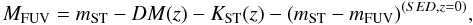 Mathematical equation: \appendix \setcounter{section}{3} \begin{equation} \displaystyle M_{\rm FUV} = m_{\rm ST}-DM(z)-K_{\rm ST}(z) - (m_{\rm ST} - m_{\rm FUV})^{(SED,z=0)}, \label{mag_abs_eq} \end{equation}