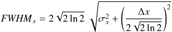 Mathematical equation: \begin{equation} \label{eq:FWHMx} {{\it FWHM}}_x = 2 \sqrt{ 2 \ln 2 } \; \sqrt{\sigma_x^2 + \left(\frac{\Delta x}{2 \sqrt{ 2 \ln 2 }}\right)^2} \end{equation}