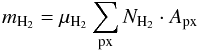 Mathematical equation: \begin{equation} \label{eq:MH2} m_{\mathrm{H_2}} = \mu_{\mathrm{H_2}} \sum_{\mathrm{px}} N_{\mathrm{H_2}} \cdot A_{\mathrm{px}} \end{equation}