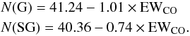 Mathematical equation: \begin{eqnarray*} &&N(\mathrm{G})=41.24-1.01\times {\rm EW}_{\mathrm{CO}}\\ &&N(\mathrm{SG})=40.36-0.74\times {\rm EW}_{\mathrm{CO}}. \end{eqnarray*}