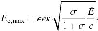 Mathematical equation: \begin{equation} \eemax = \epsilon e \kappa \sqrt{\dfrac{\sigma}{1 + \sigma}\dfrac{\dot E}{c}}\cdot \label{eq_gyro} \end{equation}