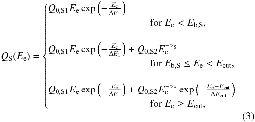 Mathematical equation: \begin{equation} Q_{\mathrm{S}}(E_{\mathrm{e}}) = \begin{cases} Q_{0,\mathrm{S1}}E_{\mathrm{e}}\exp \left( -\frac{E_{\mathrm{e}}}{\Delta E_{\mathrm{1}}} \right) \\ \bigskip \qquad \qquad \qquad \qquad \qquad \textrm{for} ~ E_{\mathrm{e}} < E_{\mathrm{b,S}} \textrm{,}\\ Q_{0,\mathrm{S1}}E_{\mathrm{e}}\exp\left(-\frac{E_{\mathrm{e}}}{\Delta E_{\mathrm{1}}} \right) + Q_{0,\mathrm{S2}}E_{\mathrm{e}}^{-\alpha_{\mathrm{S}}} \\ \bigskip \qquad \qquad \qquad \qquad \qquad \textrm{for} ~ E_{\mathrm{b,S}}\le E_{\mathrm{e}} < E_{\mathrm{cut}} \textrm{,} \end{cases} \label{eq_spectrum_inj_spit} \end{equation}