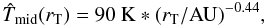 Mathematical equation: \begin{equation} \label{eq:Tmid} \hat{T}_{\rm mid}(r_{\rm T}) = 90~{\rm K} * (r_{\rm T}/{\rm AU})^{-0.44}, \end{equation}