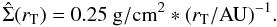 Mathematical equation: \begin{equation} \hat{\Sigma}(r_{\rm T}) = 0.25~{\rm g/cm}^2 * (r_{\rm T}/{\rm AU})^{-1}. \end{equation}