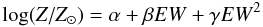 Mathematical equation: \begin{equation} \label{equ} \log(Z/Z_{\odot})= \alpha + \beta EW + \gamma EW^2 \end{equation}
