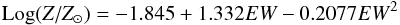 Mathematical equation: \begin{equation} \label{equ2} {\rm Log}(Z/Z_{\odot})= -1.845 + 1.332 EW - 0.2077 EW^2 \end{equation}