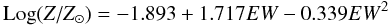 Mathematical equation: \begin{equation} \label{equ3} {\rm Log}(Z/Z_{\odot})= -1.893 + 1.717 EW - 0.339 EW^2 \end{equation}