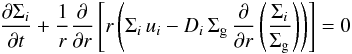 Mathematical equation: \appendix \setcounter{section}{1} \begin{eqnarray} \frac{\del \Sigma_i}{\del t} + \frac{1}{r} \frac{\del}{\del r} \left[ r \left(\Sigma_i \, u_i - D_i \, \Siggas \, \frac{\del}{\del r}\left( \frac{\Sigma_i}{\Siggas} \right) \right) \right] = 0 \end{eqnarray}