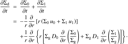 Mathematical equation: \appendix \setcounter{section}{1} \begin{eqnarray} \frac{\del \Sigdust}{\del t} &=& \frac{\del \Sigma_0}{\del t} +\frac{\del \Sigma_1}{\del t} \nonumber\\ &=& -\frac{1}{r} \frac{\del}{\del r} \left[ r \left( \Sigma_0 \, u_0 + \Sigma_1 \, u_1 \right) \right] \\ &\phantom{=}& +\frac{1}{r} \frac{\del}{\del r} \left\{ r \left[ \Siggas \, D_0 \, \frac{\del}{\del r}\left( \frac{\Sigma_0}{\Siggas}\right) + \Siggas \,D_1 \, \frac{\del}{\del r} \left( \frac{\Sigma_1}{\Siggas} \right) \right] \right\}\cdot \nonumber \end{eqnarray}