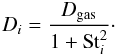 Mathematical equation: \appendix \setcounter{section}{1} \begin{equation} D_i = \frac{D_\mathrm{gas}}{1+{\rm St}_i^2}\cdot \end{equation}