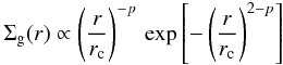 Mathematical equation: \begin{equation} \Siggas(r) \propto \left( \frac{r}{r_\mathrm{c}} \right)^{-p} \, \exp\left[-\left(\frac{r}{r_{\rm c}}\right)^{2-p} \right] \label{eq:sig_gas} \end{equation}
