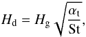 Mathematical equation: \begin{equation} \Hd = \Hg \sqrt{\frac{\alphat}{{\rm St}}}, \label{eq:h_dust} \end{equation}