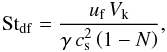 Mathematical equation: \begin{equation} {\rm St}_\mathrm{df} = \frac{\uf \, V_\mathrm{k}}{\gamma \, \csound^2 \left(1-N\right)}, \label{eq:St_df} \end{equation}