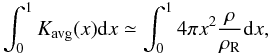 Mathematical equation: \begin{equation} \int_0^1 \Kavg (x) \d x \simeq \int_0^1 4 \pi x^2 \frac{\rho}{\rhoref} \d x, \end{equation}
