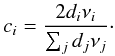Mathematical equation: \begin{equation} c_i = \frac{2 d_i \nu_i}{\sum_j d_j \nu_j}\cdot \end{equation}