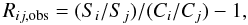 Mathematical equation: \begin{equation} R_{ij,{\rm{obs}}}=(S_i/S_j) / (C_i/C_j) - 1, \label{eqn:robs} \end{equation}