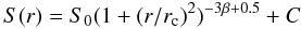Mathematical equation: \begin{equation} S(r) = S_{0} (1+(r/r_{\rm c})^2) ^{-3\beta+0.5} + C \end{equation}