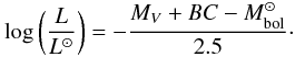Mathematical equation: \begin{equation} \label{lum} \log\left(\frac{L}{L^\odot}\right)=-\frac{M_V+BC-M_{\rm bol}^{\odot}}{2.5}\cdot \end{equation}