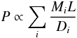 Mathematical equation: \begin{equation} P \propto \displaystyle\sum\limits_{i} \frac{M_i L}{D_i} \label{eqn:galweight} \end{equation}