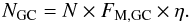 Mathematical equation: \begin{equation} \label{eq:N} N_{\rm GC}=N\times F_{\rm M,GC} \times \eta. \end{equation}
