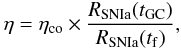 Mathematical equation: \begin{equation} \label{eq:rate} \eta=\eta_{\rm co}\times \frac{R_{\rm SNIa}(t_{\rm GC})}{R_{\rm SNIa}(t_{\rm f})}, \end{equation}