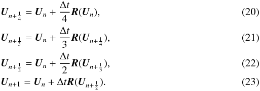 Mathematical equation: \begin{eqnarray} && \vec{U}_{n+\frac{1}{4}}=\vec{U}_{n}+\frac{\Delta t}{4}\vec{R}(\vec{U}_{n}),\\ && \vec{U}_{n+\frac{1}{3}}=\vec{U}_{n}+\frac{\Delta t}{3}\vec{R}(\vec{U}_{n+\frac{1}{4}}),\\ && \vec{U}_{n+\frac{1}{2}}=\vec{U}_{n}+\frac{\Delta t}{2}\vec{R}(\vec{U}_{n+\frac{1}{3}}),\\ && \vec{U}_{n+1}=\vec{U}_{n}+\Delta t\vec{R}(\vec{U}_{n+\frac{1}{2}}). \end{eqnarray}
