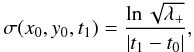 Mathematical equation: \begin{equation} \sigma(x_0,y_0,t_1) = \frac{\ln\sqrt{\lambda_+}}{|t_1-t_0|}, \label{eqn:sigma} \end{equation}
