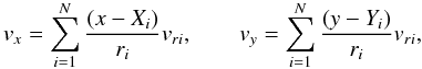Mathematical equation: \begin{equation} v_x = \sum_{i=1}^{N} \frac{(x-X_i)}{r_i}v_{ri},\qquad v_y = \sum_{i=1}^{N} \frac{(y-Y_i)}{r_i}v_{ri}, \end{equation}