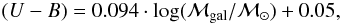 Mathematical equation: \begin{equation} (U-B)=0.094\cdot \log({\cal M}_{\rm gal}/{\cal M}_{\odot}) + 0.05, \label{eq:color_cut} \end{equation}