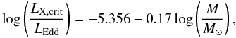 Mathematical equation: \begin{equation} \log\left(\frac{L_{\rm X, crit}}{L_{\rm Edd}}\right)=-5.356-0.17 \log\left(\frac{M}{M_{\odot}}\right), \label{yuaneq} \end{equation}