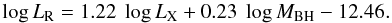 Mathematical equation: \begin{equation} \log L_{\rm R}=1.22~\log L_{\rm X}+0.23~\log M_{\rm BH}-12.46. \label{eqfunplyuan} \end{equation}