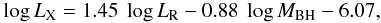 Mathematical equation: \begin{equation} \log L_{\rm X}=1.45~\log L_{\rm R}-0.88~\log M_{\rm BH}-6.07, \label{eqplotkin} \end{equation}