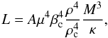 Mathematical equation: \begin{equation} L = A \mu^4 \beta_\mathrm{c}^4 \frac{\rho^4}{\rho_\mathrm{c}^4}\frac{M^3}{\kappa}, \label{lum} \end{equation}