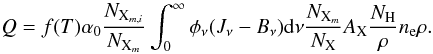 Mathematical equation: \begin{equation} Q = f(T)\alpha_0 \frac{N_{{\rm X}_{m,i}}}{N_{{\rm X}_m}} \int_0^\infty\phi_\nu(J_\nu-B_\nu){\rm d}\nu \frac{N_{{\rm X}_m}}{N_{\rm X}}A_{\rm X}\frac{N_{\rm H}}{\rho}n_{\rm e}\rho. \label{eq:qheat} \end{equation}