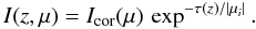 Mathematical equation: \begin{equation} I(z,\mu) = I_\mathrm{cor}(\mu) \, \exp^{-\tau(z)/|\mu_i|}. \label{eq:chroabs} \end{equation}