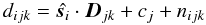 Mathematical equation: \appendix \setcounter{section}{1} \begin{equation} \label{eq:1} d_{ijk}=\hat{\vec s_i}\cdot \vec D_{jk}+c_j+n_{ijk} \end{equation}