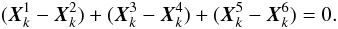 Mathematical equation: \appendix \setcounter{section}{1} \begin{equation} \label{eq:3} (\vec X^1_k-\vec X^2_k)+ (\vec X^3_k-\vec X^4_k)+ (\vec X^5_k-\vec X^6_k)=0. \end{equation}