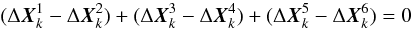 Mathematical equation: \appendix \setcounter{section}{1} \begin{equation} \label{eq:7} (\Delta\vec X^1_k-\Delta\vec X^2_k)+ (\Delta\vec X^3_k-\Delta\vec X^4_k)+ (\Delta\vec X^5_k-\Delta\vec X^6_k)=0 \end{equation}