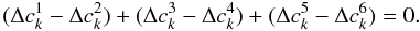 Mathematical equation: \appendix \setcounter{section}{1} \begin{equation} \label{eq:8} (\Delta c^1_k-\Delta c^2_k)+ (\Delta c^3_k-\Delta c^4_k)+ (\Delta c^5_k-\Delta c^6_k)=0. \end{equation}
