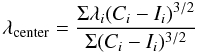 Mathematical equation: \begin{equation} \lambda_{\rm center}=\frac{\Sigma \lambda_i (C_i-I_i)^{3/2}}{\Sigma (C_i-I_i)^{3/2}} \end{equation}