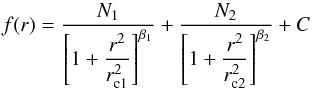 Mathematical equation: \begin{equation} f(r) = \frac{N_1}{\left[1 + \displaystyle \frac{r^2}{r_{\rm c1}^2}\right]^{\beta_1}} + \frac{N_2}{ \left[1 + \displaystyle \frac{r^2}{r_{\rm c2}^2}\right]^{\beta_2}} + C \label{eq:dblking} \end{equation}