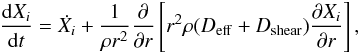 Mathematical equation: \begin{eqnarray} \frac{{\rm d} X_i}{{\rm d} t} = \dot{X_i} + \frac{1}{\rho r^2}\frac{\partial}{\partial r}\left[ r^2\rho (D_{\rm eff}+D_{\rm shear})\frac{\partial X_i}{\partial r} \right] , \label{transchem} \end{eqnarray}